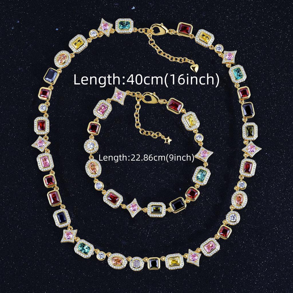 Hip Hop Dopamine Colored Gemstones Wind-Set Diamonds Geometric Adjustable Women'S Light Luxury Necklace Jewelry