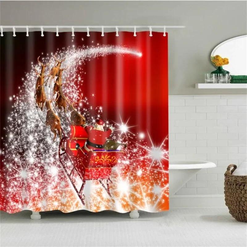 Merry Christmas Shower Curtain Christmas Home Decor Snowman Santa Claus Bathroom Curtain Polyester Fabric Bath Screen with Hoo