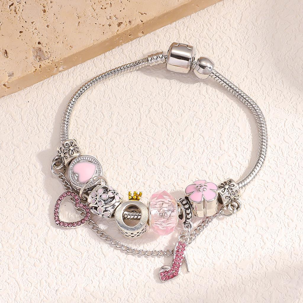 1 Women's Pan Family DIY Multi Element Bracelet with Diamond High Heels Peach Heart Pendant and Snake Bone Chain Bracelet