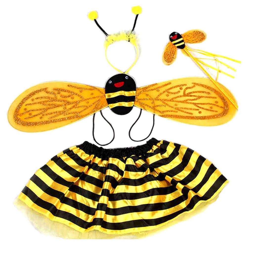 HGGEG Adjustable Wings Fairy Costume Set 4 Pieces with Wand & Headband for Kids 3-5 Years Halloween Party Dress Up Yellow Black 140 cm
