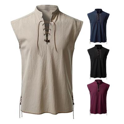 Men Solid Color Sleeveless Shirt Casual Band Collar Cross Lace-up Vintage Streetwear Breathable Summer Top for Beach Vacation