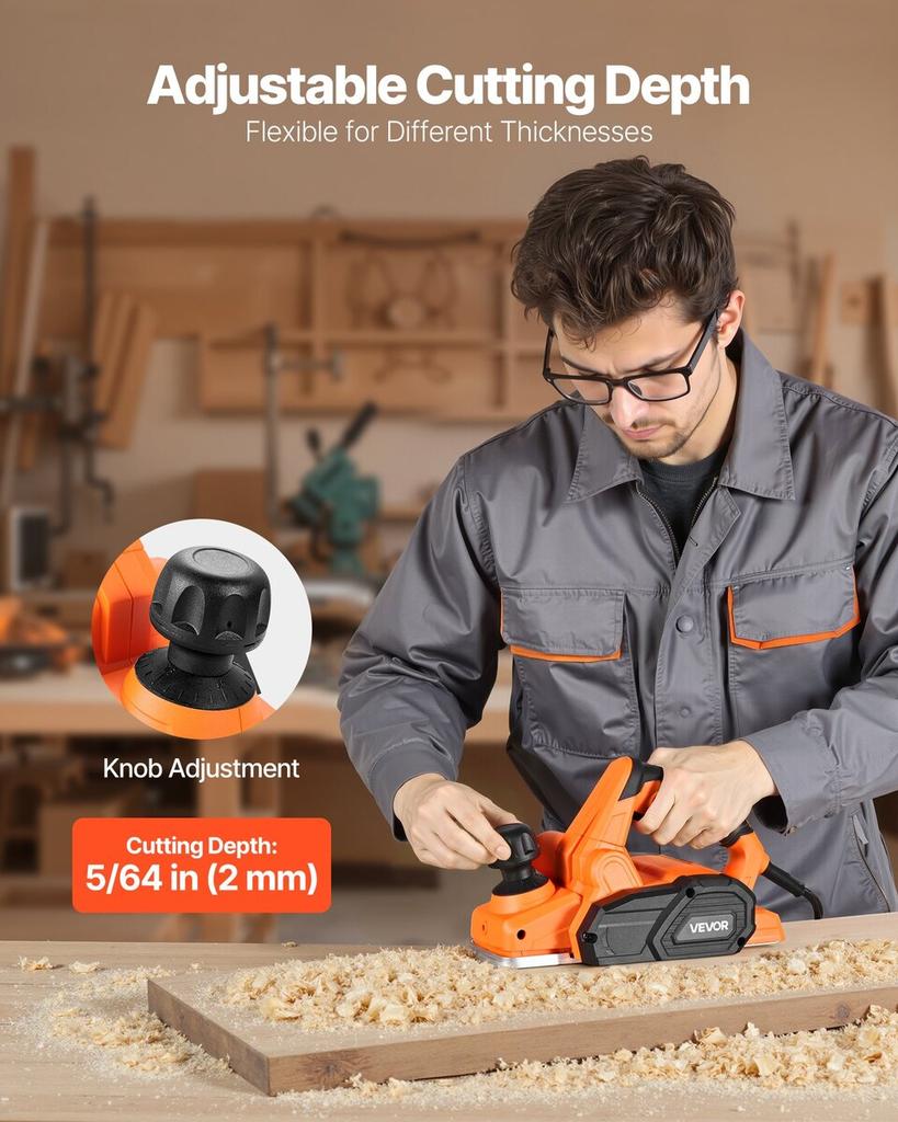 Electric Hand Planer, 82 mm Cut Width, 650W 16800 RPM Corded Power Handheld Planer for Wood, with Adjustable Cut Depth, 2 Blades, for Woodworking Wood