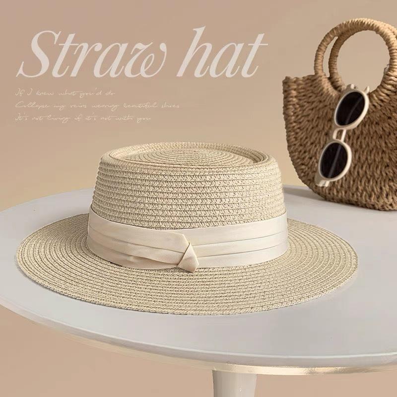 New French Flat-top Straw Hat Women's Big Head Circumference Seaside Beach Top Hat Woven Sun Hat Summer