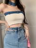 Spicy Girl Patchwork Strapless Denim Crop Top - Sexy, Slim-Fit, One-Shoulder Camisole