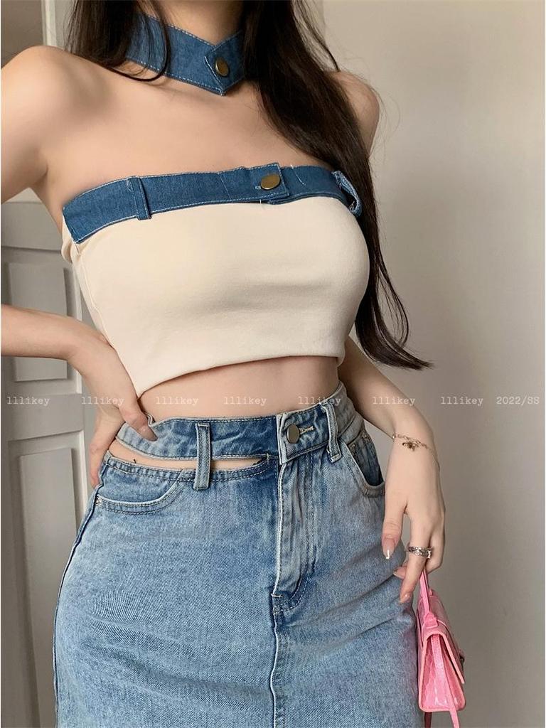 Spicy Girl Patchwork Strapless Denim Crop Top - Sexy, Slim-Fit, One-Shoulder Camisole