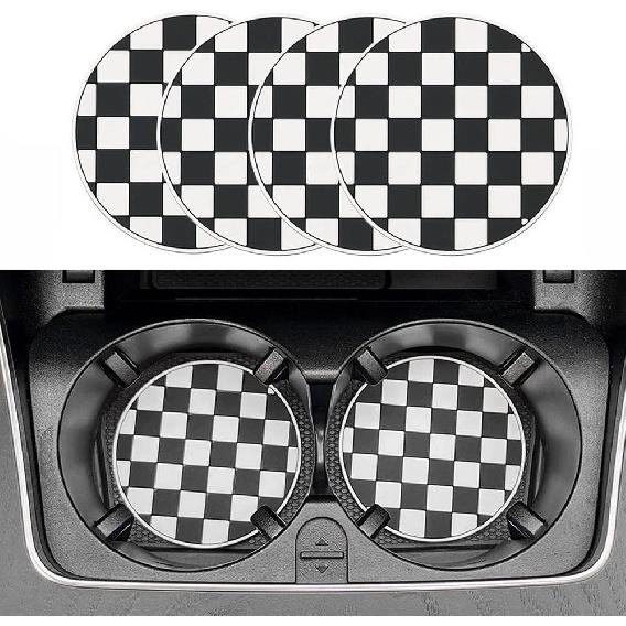 Car Coasters for Cup Holder Silicone, Car Cup Holder Coasters Pack of 2, Fashion Black White Checkerboard Gird