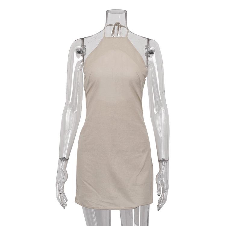 women s Solid Color Linen Halter Neck Tie Backless Mini Dress Sexy A Line Dress Summer Casual Party Dress S коричневый