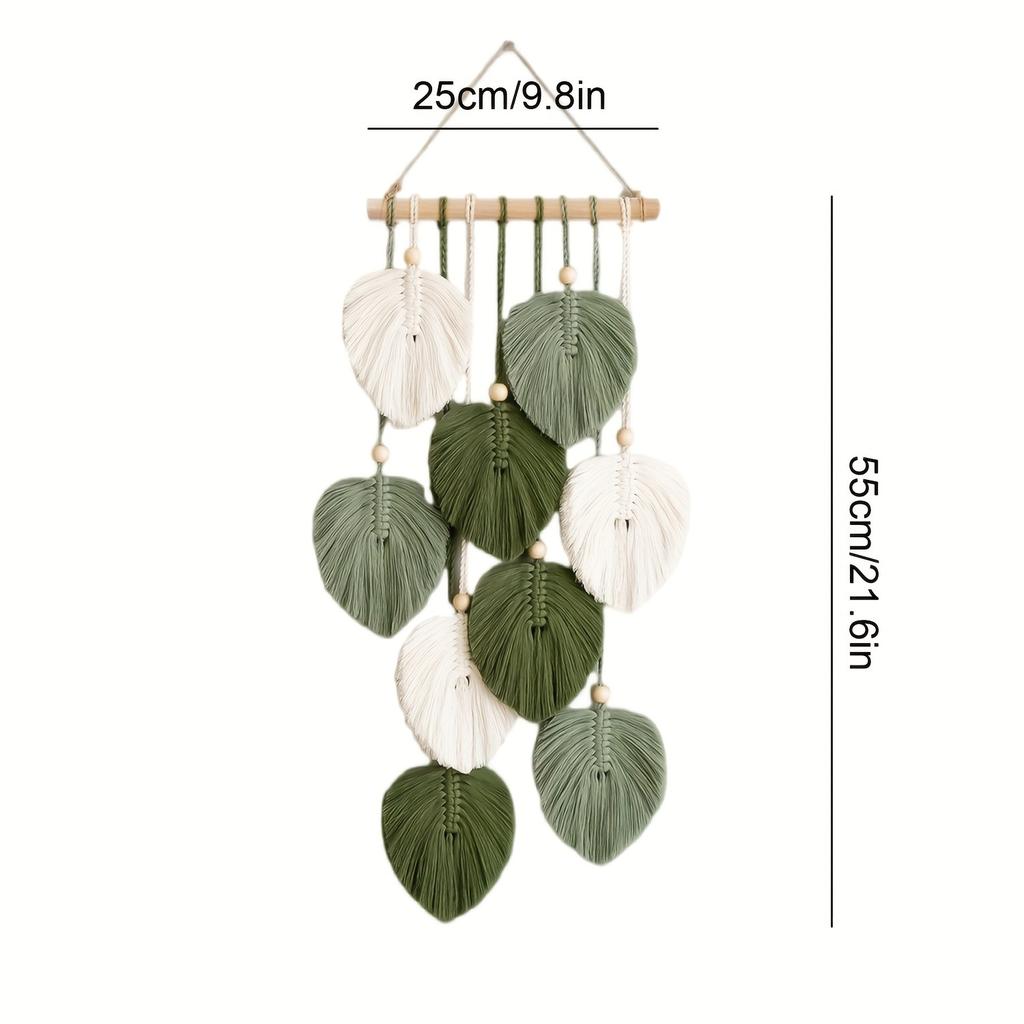 Bohemian Style Wall Hanging Tapestry Handwoven Green Leaf Design for Living Room Bedroom Office Background