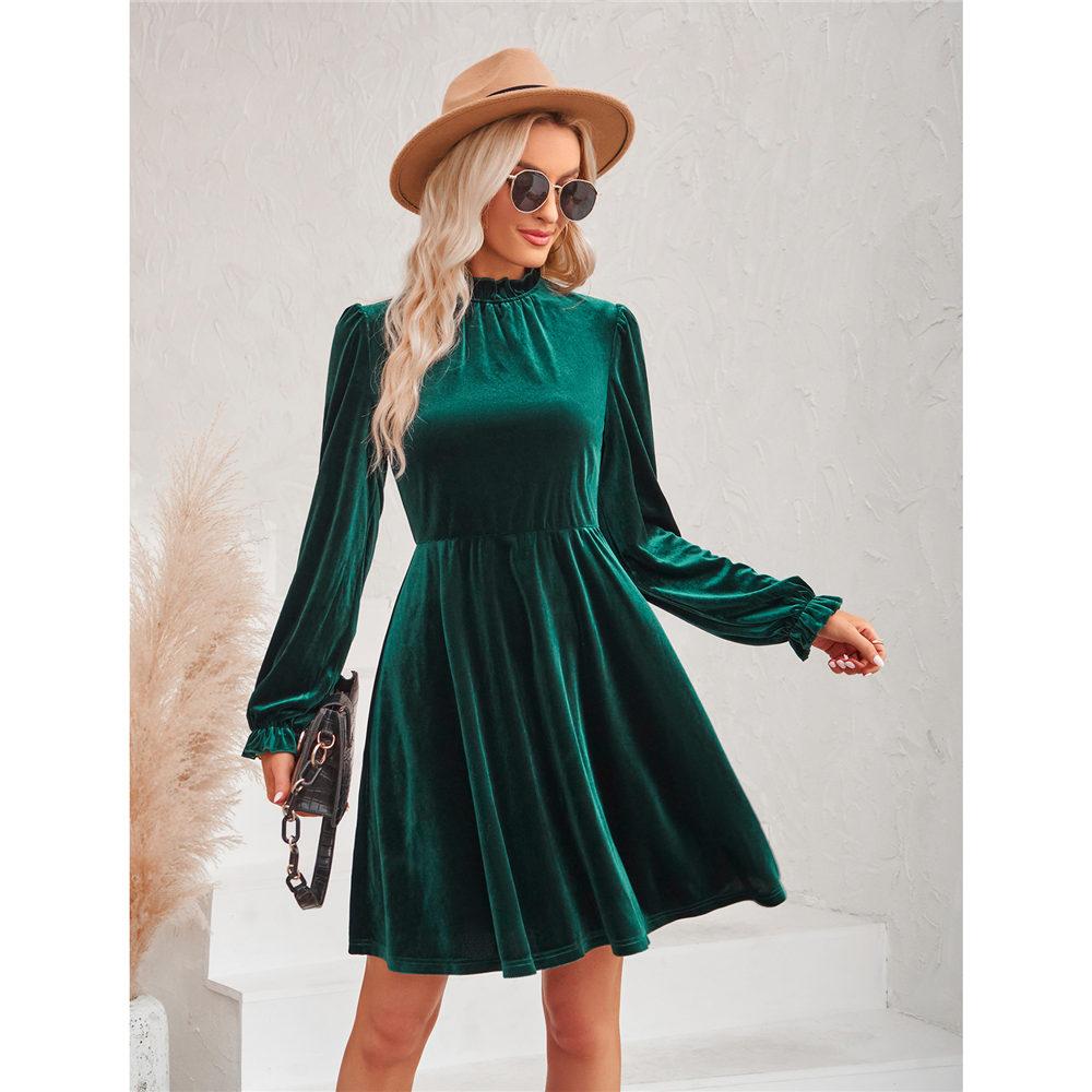 Samtkleid für Damen Winter Casual Hoher Hals Samt Einfarbig Schlanke Taille Kleid Herbst Winter Promi Partykleider