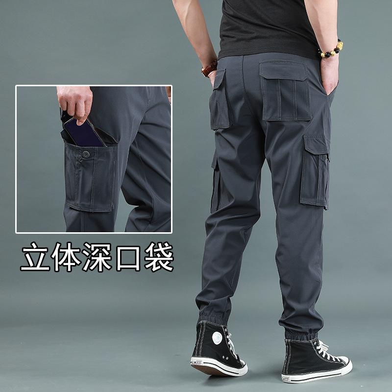 Spring and Autumn Outdoor Mountaineering Loose Tie Tote Pants Men's Fat Large Size Multi-Pocket Sweatpants Men's Elastic Straight