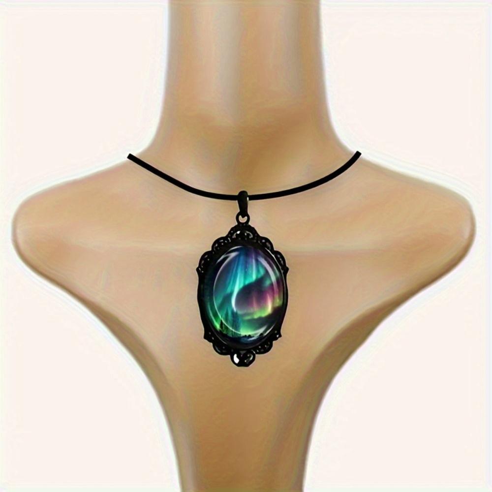 1-piece fashionable and elegant aurora landscape pattern black frame glass necklace romantic gift jewelry