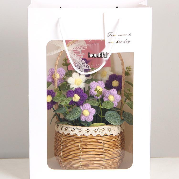 Sonnenblumen Gestrickter Wollstrauß in Handkorb - Geburtstag, Feiertag, Lehrertag, Abschlussgeschenk