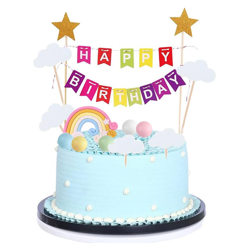 Rainbow Cake Topper Happy Birthday Cake Flag Banner Clouds Balloon Ball Rainbow Cake Decoration for Girls Baby Shower Party