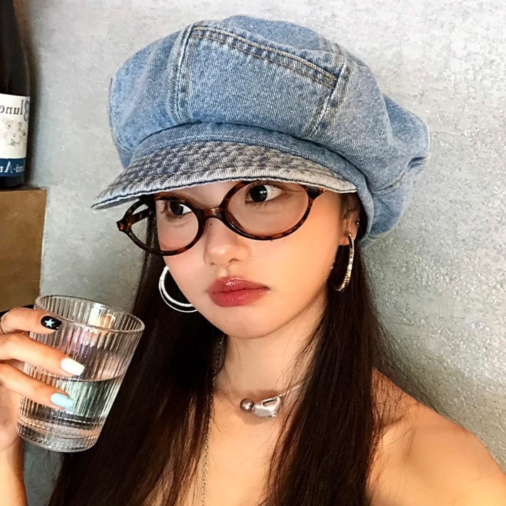 Cloud Octagonal Cap Vintage Peaked Hat Korean Washed Denim Beret  Women
