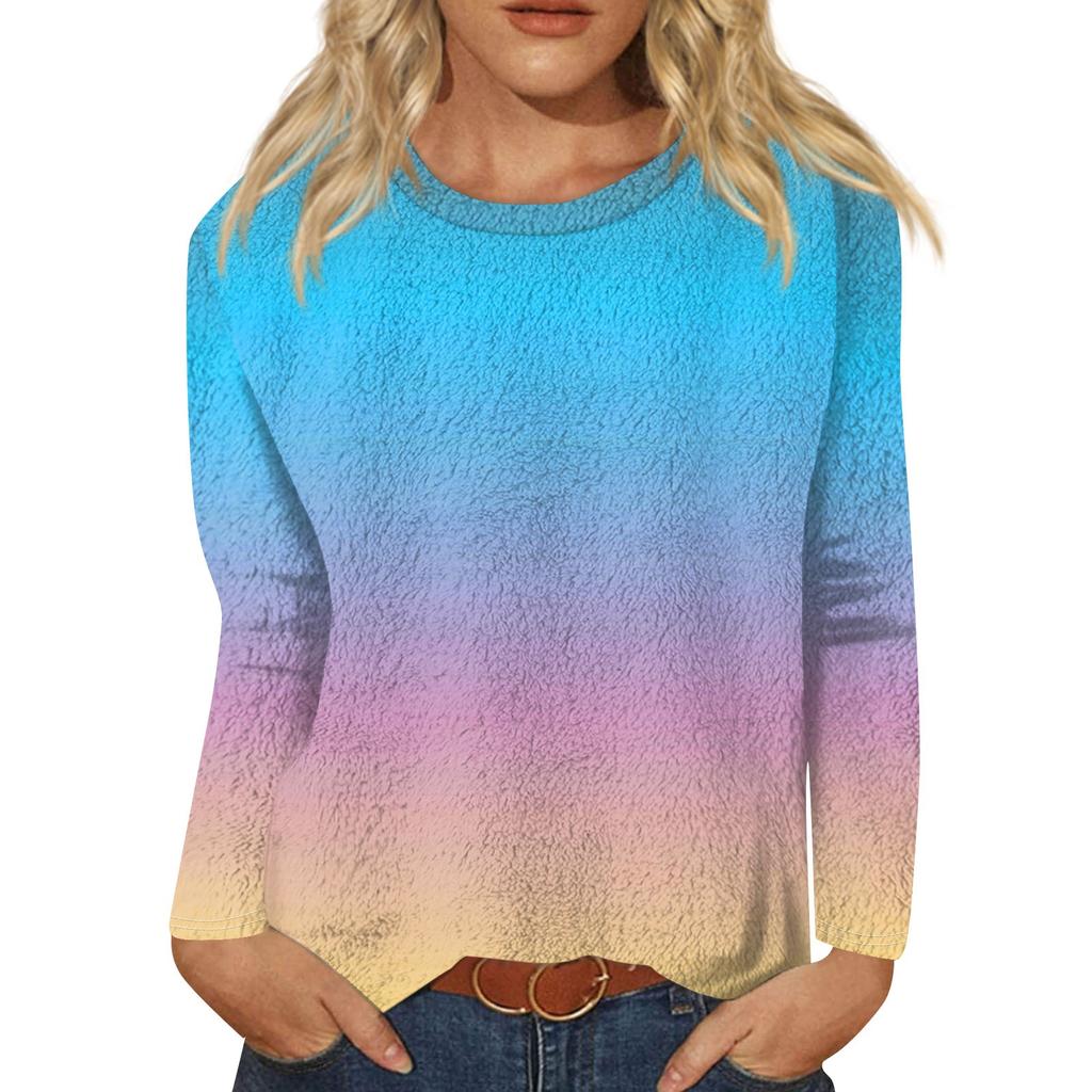 Women's Fashionable Casual Gradient Color Long Sleeved Printed Round Neck T-Shirt Top