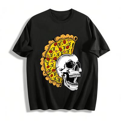 Funny Pizza Skull Print Trendy Unisex Casual Short Sleeve Tee Pure Cotton T-shirt