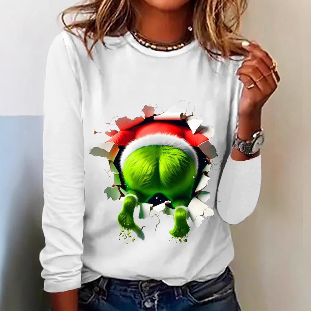 Rundhals 3D-bedrucktes lustiges Weihnachts-Dschinni-Muster Top Modische lässige langärmelige Damen-T-Shirts