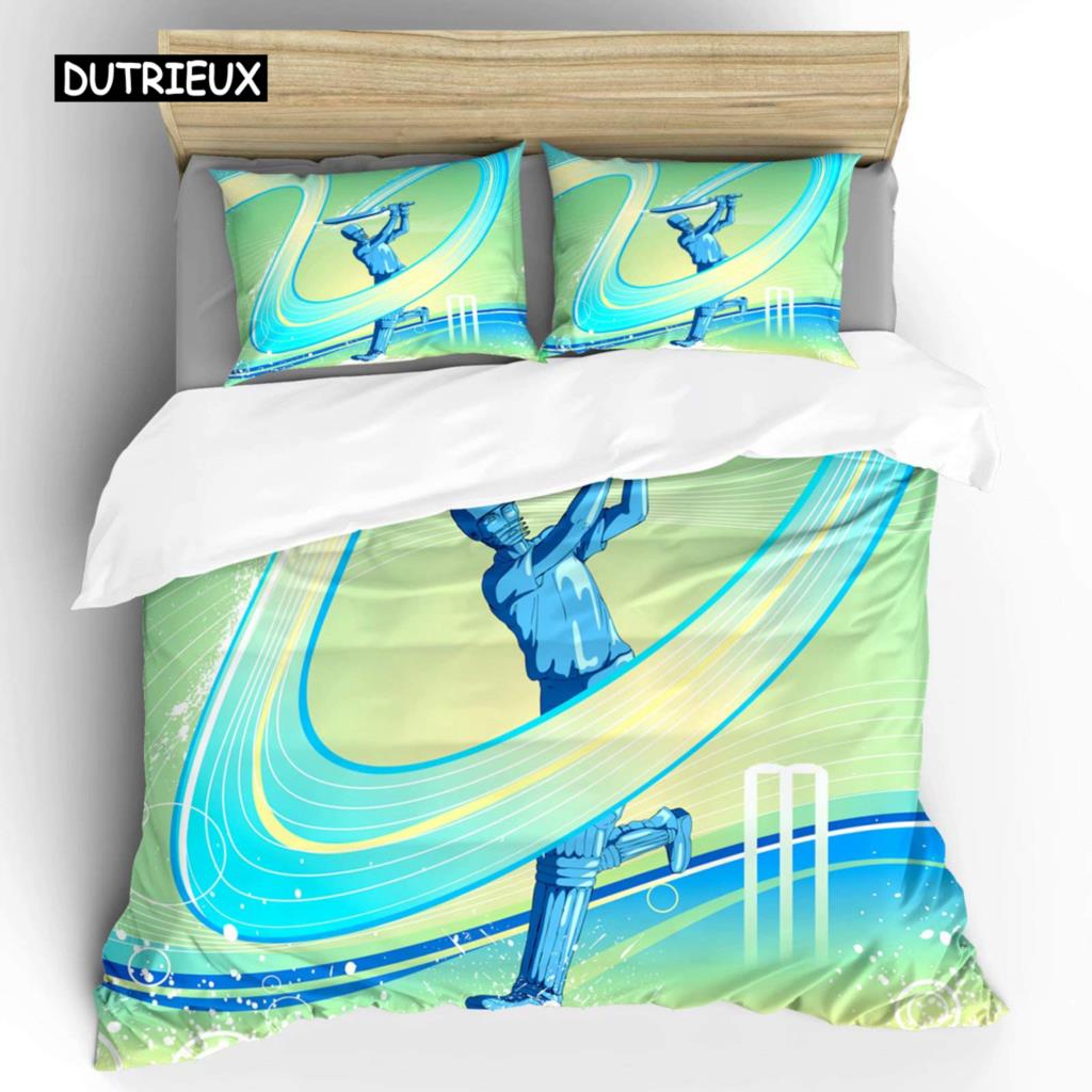 Cricket Duvet Cover Set Abstract Sports Pattern Bedding Set Microfiber Player Playing Game of Cricket Double Queen Quilt Cover
