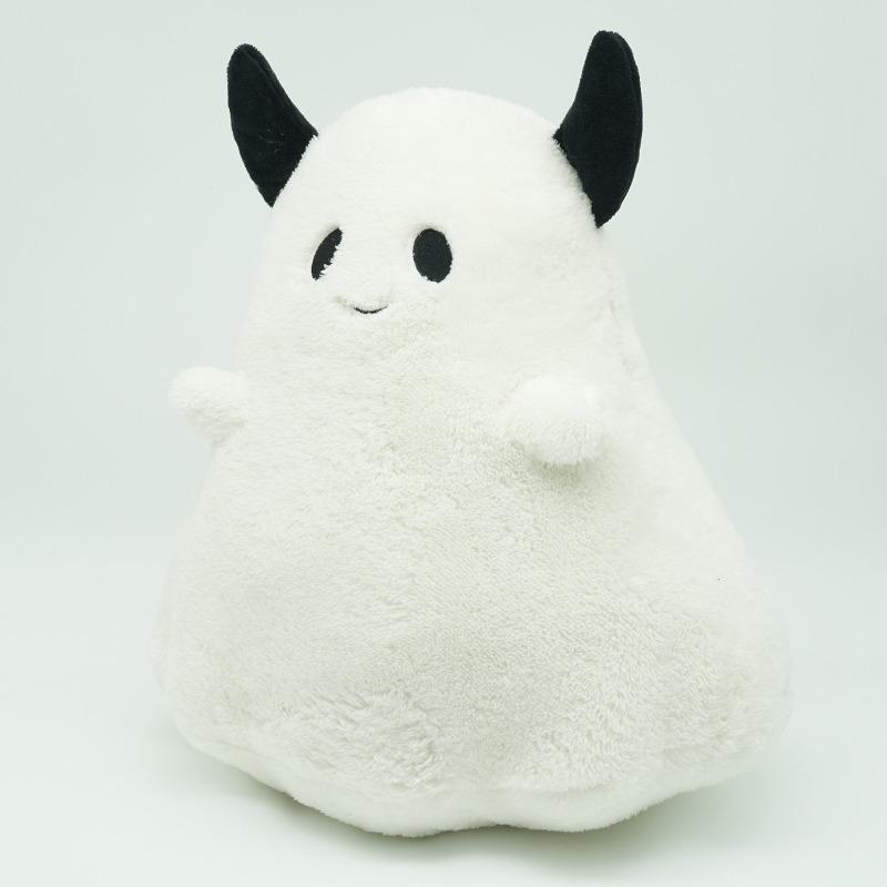 Cute Halloween Ghost Plush Toy Soft Stuffed Ghost Doll with Pink Bow and Black Horn Cartoon Figure Sofa Decor Holiday Gift for Kid and Halloween Party