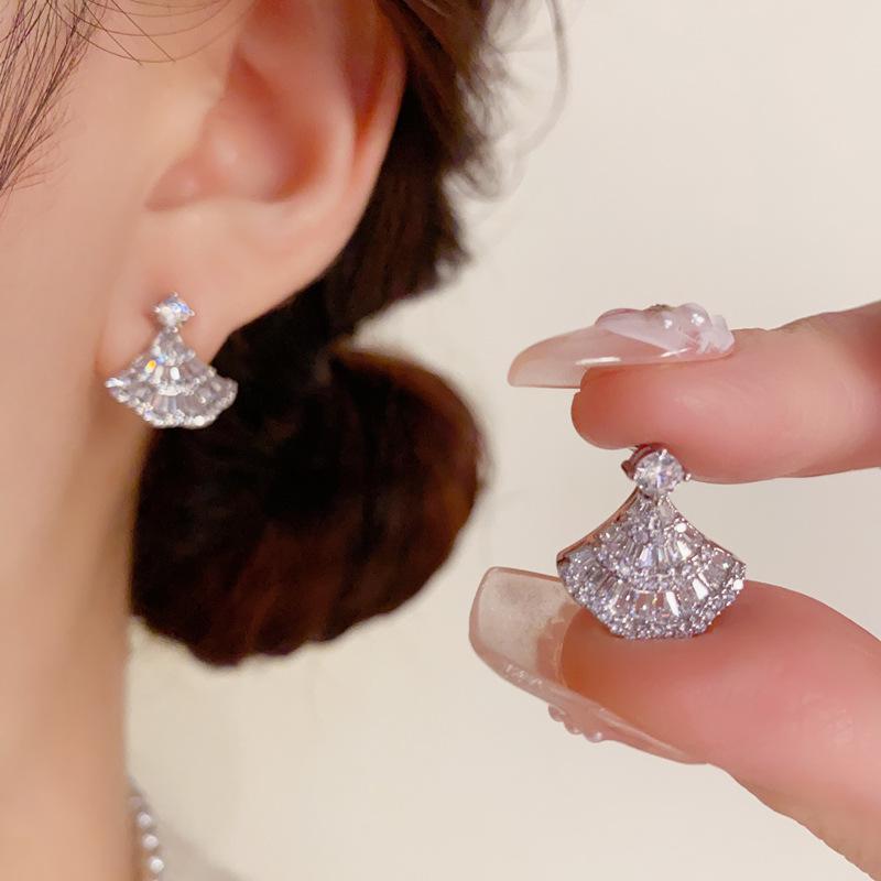 S925 Silver Needle Zircon Fan-Shaped Stud Earrings for Women - Exquisite, Versatile, and Super Shiny