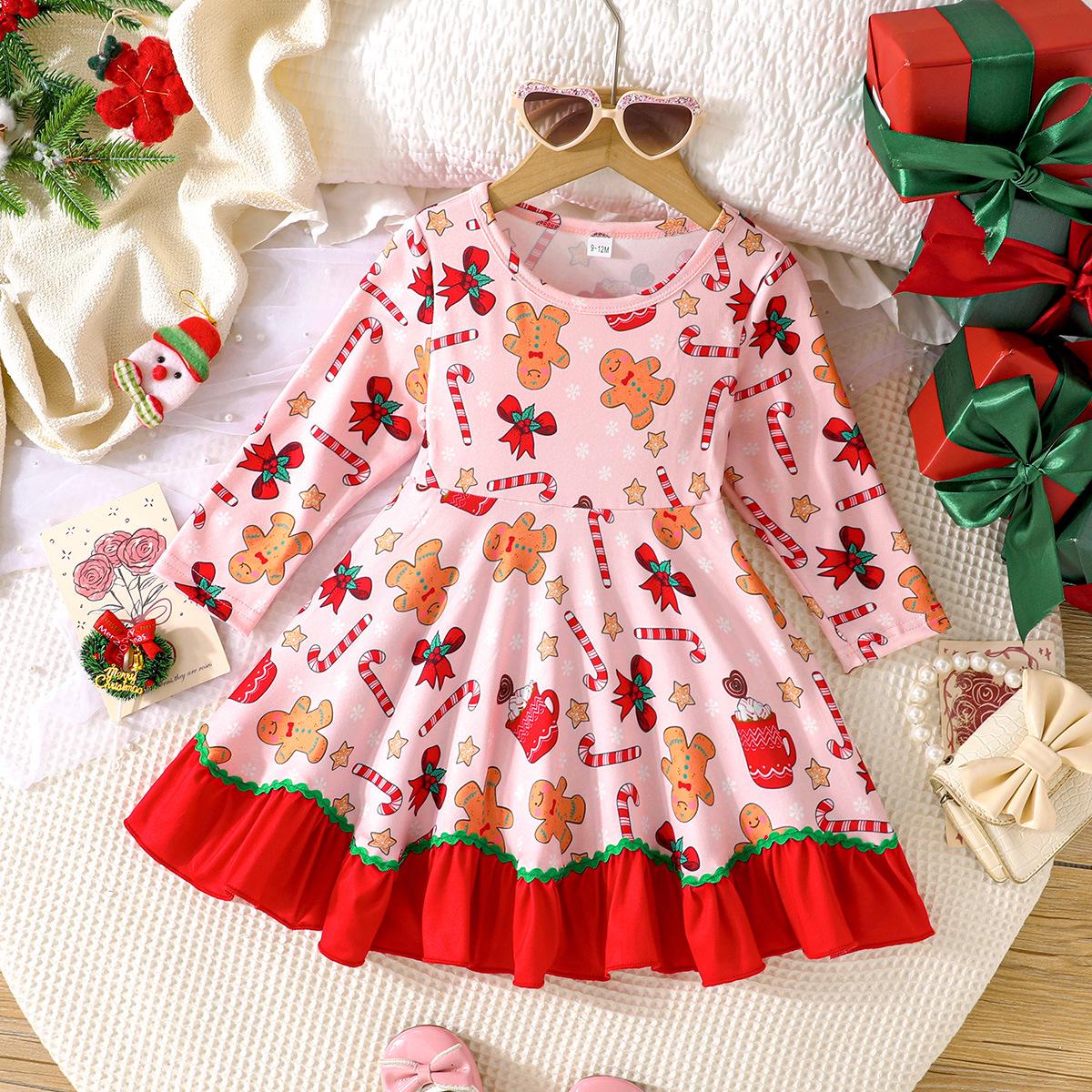 

2025 Christmas Cute Ruffle Hem Long-Sleeved Dress for Spring & Autumn Parties 9-12 Months