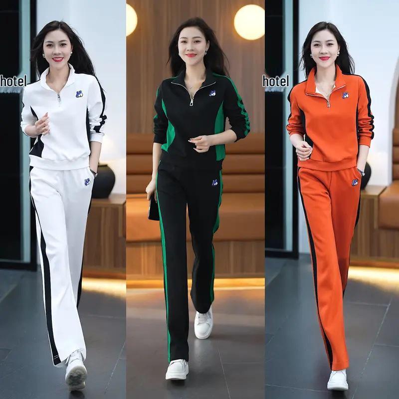 2025 Trendy Slimming Stand-up Collar Sweatshirt & Wide-leg Pants Set for Women - Casual Spring/Autumn Sportswear