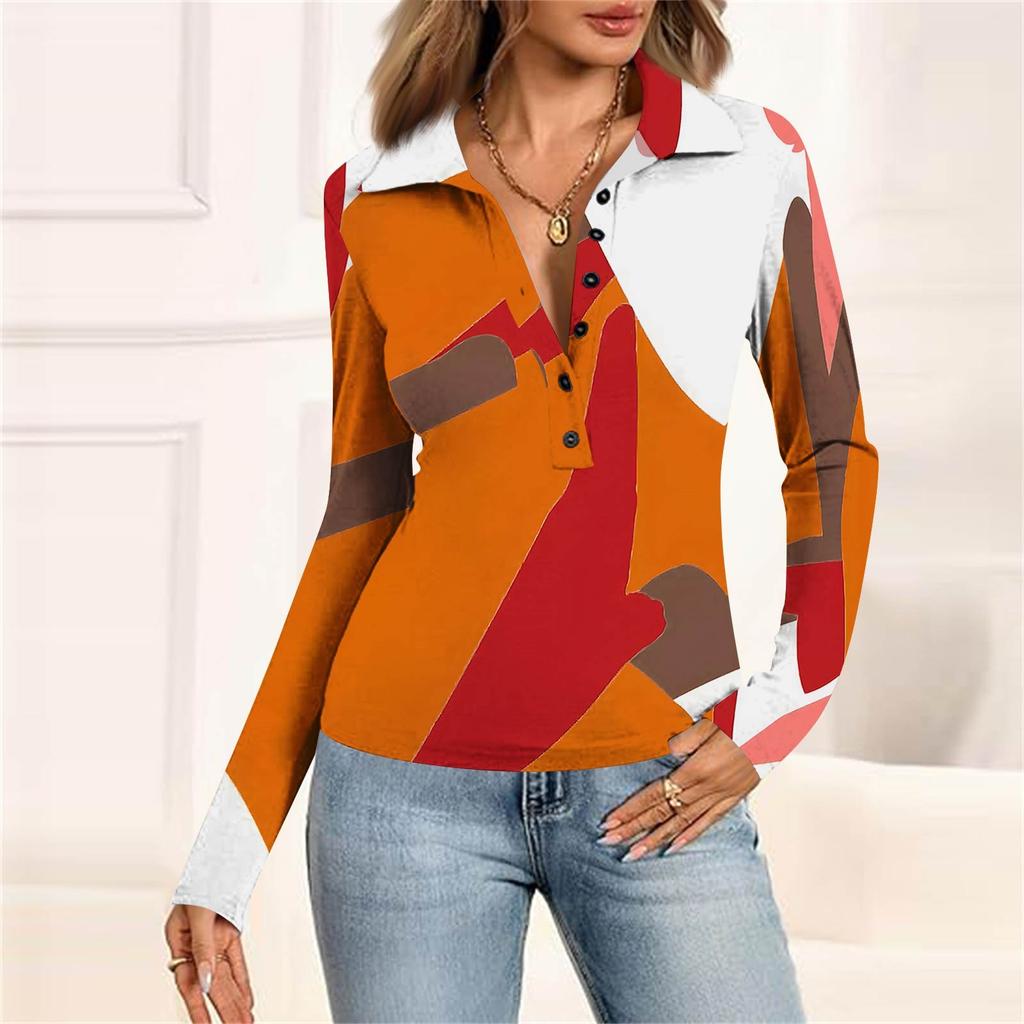 Women's Fashion Casual Printed V-Neck Long Sleeve Button-Down Top