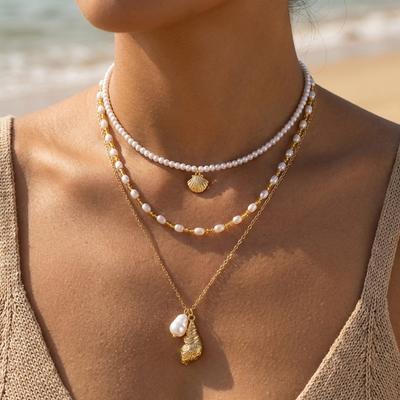 Multilayer Conch Shell Baroque Irregular Imitation Pearl Pendant Necklace For Women Men Bohemian Starfish Choker Summer Jewelry