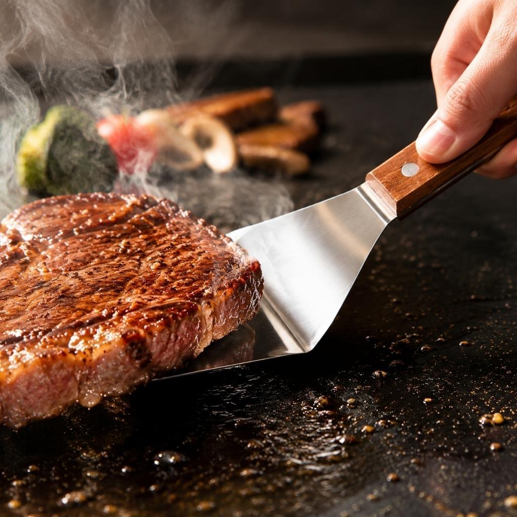 Wood Handle Stainless Steel Three-Edge Spatula Slanted Cooking Turner Griddle Spatula Teppanyaki Turner Kitchen Tool