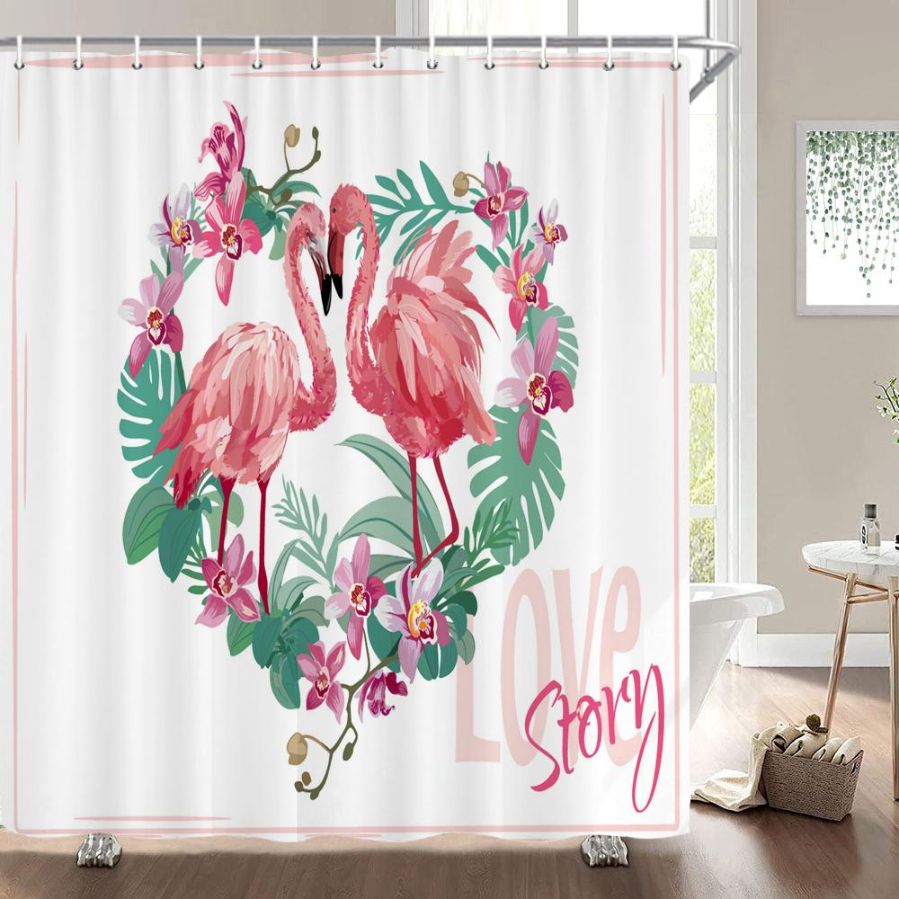 Flamingo Shower Curtain Fabric Waterproof Polyester Bathroom Curtains Pink Birds With Hooks 240X180 Decoration Bath Screen