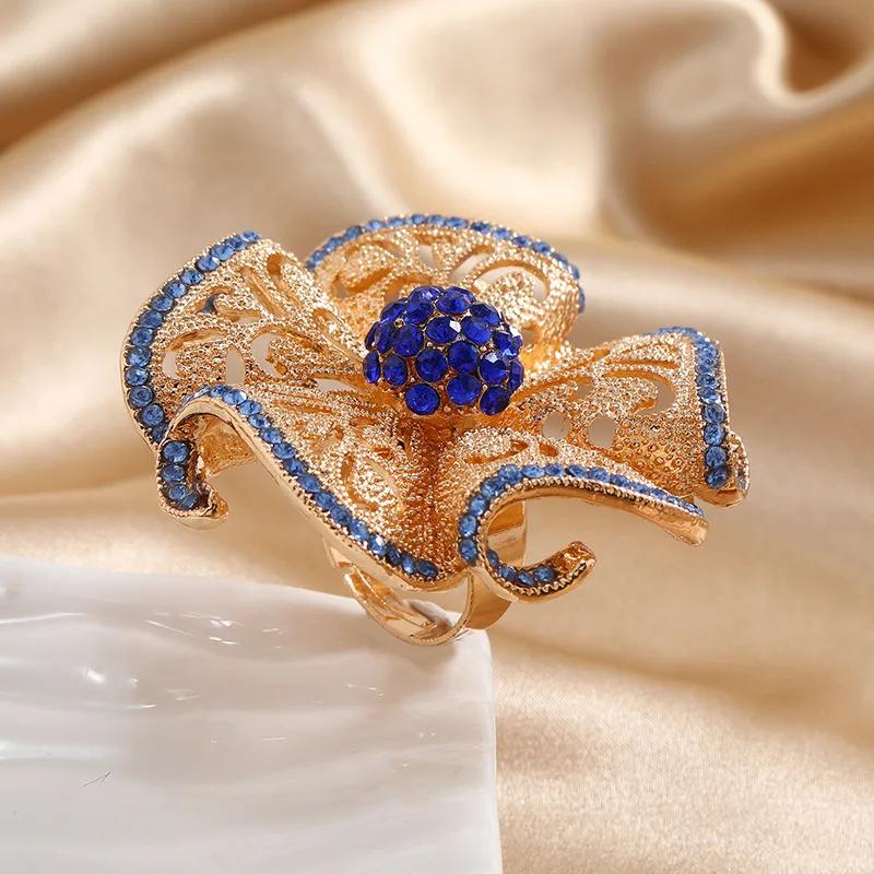 1 Pcs Luxury Big Flower Diamond Rings Women Indian Jewelry Classic Hollow Gold Color Adjustable Ring Female Brithday Gifts