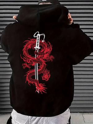 Vintage Black Hooded Sweatshirt with Back Red Dragon Wrapping Katana Sword Graphic Print