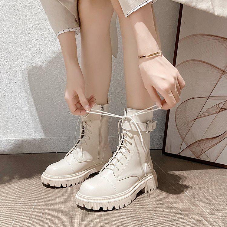Women's Soft Leather Mid-Calf Martin Boots, Autumn-Winter 2025, White Fleece-Lined, Flat Thick Sole, Motorcycle Rider Style.