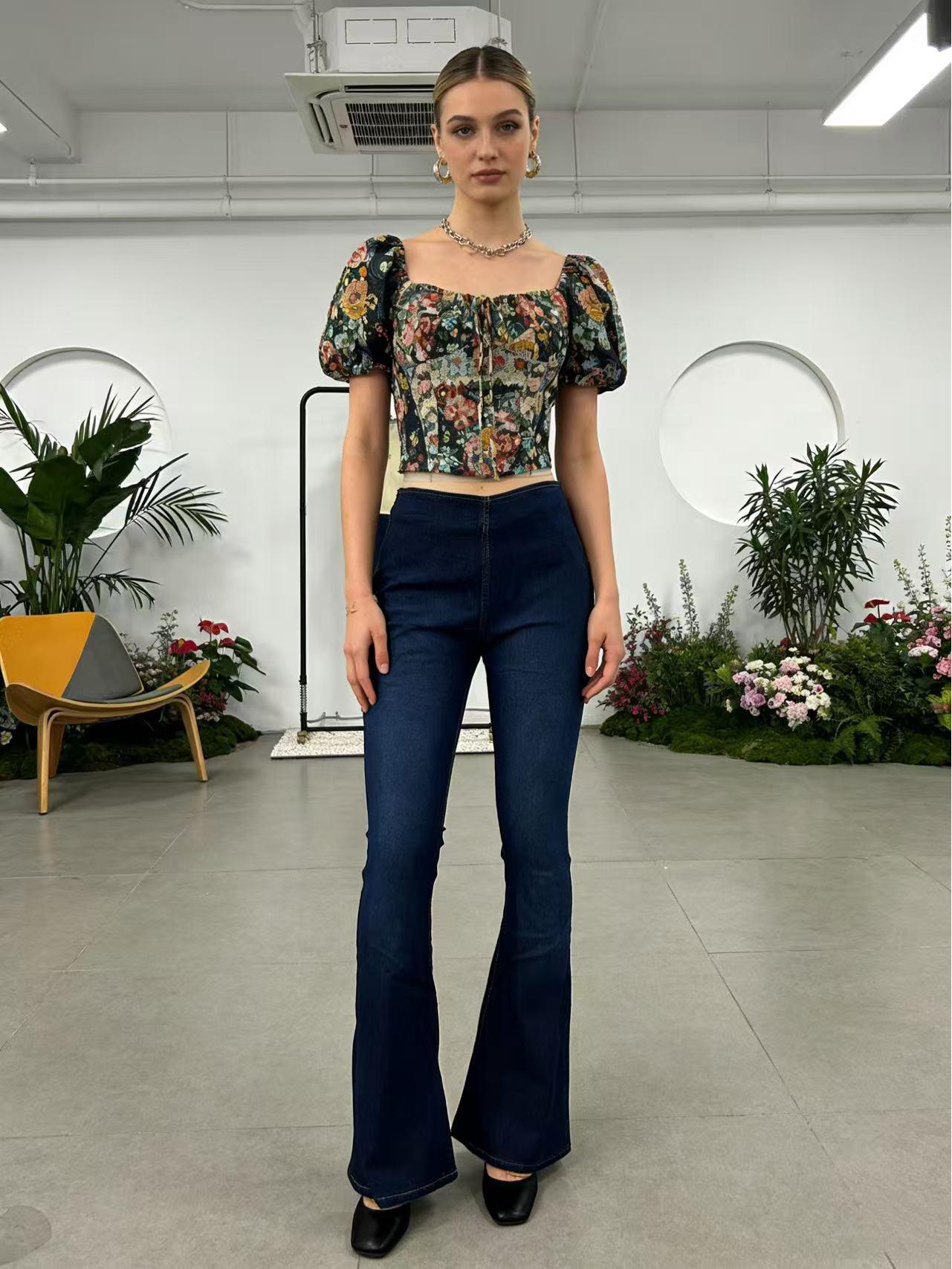 Women s European & American Style Flare Elastic Jeans S темно-синий