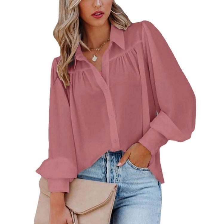 Women Loose Solid Color Button Down Shirt with Pleated Lantern Sleeves
