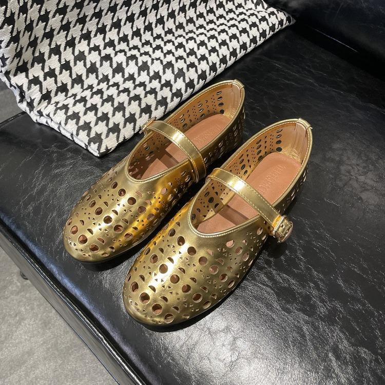 Sheepskin Version~ Flat Single Shoes Women's Round Head Hollowed Out One Word with Flat Mary Jane Shoes Shallow Mouth One Word Buckle Ballet