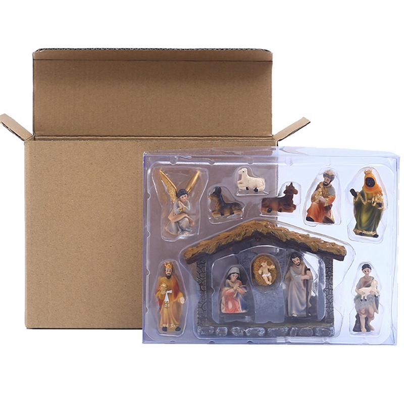 12pcs Set Christmas Manger Nativity Set Real Life Nativity Jesus Manger Christmas Crib Ornament Holy Family Crafts Statue