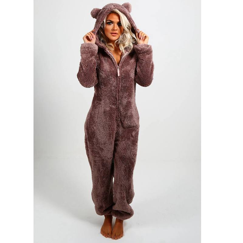 Women Warm Furry Pajamas Plush Fleece Zipper One-Piece Pajamas Soft and Comfortable Hooded Cute Bear Lounge Wear Women Onesies Home Night Sleepwear