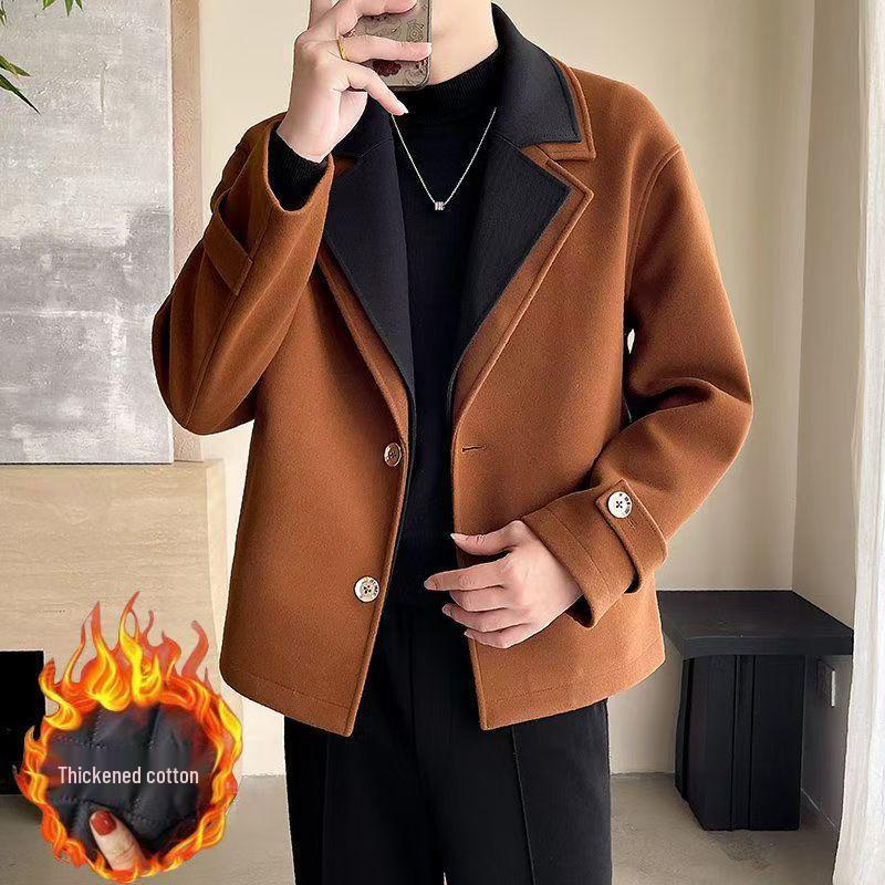 

Men s High-End Street Style Wool Coat - Thickened Double-Layer Collar, Color Block Casual Patchwork for Autumn/Winter XL (123-142 lbs)