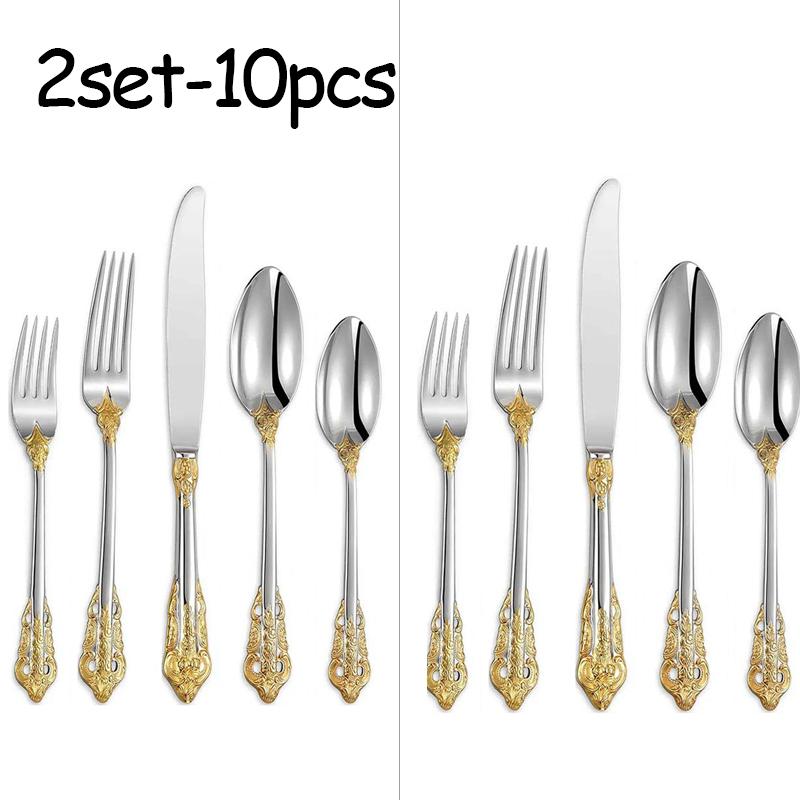 Stainless Steel Dinnerware Sets High-grade Knife Fork And Spoons Cutlery Kits Gold Plated Floral Pattern Tableware Dropship