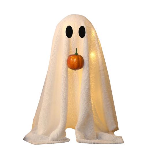 Halloween Lighted White Ghost Spooky LED Light-Up Velvet Cloth Ghost with Pumpkin for Holiday Home Kitchen Fireplace Tabletop Decor