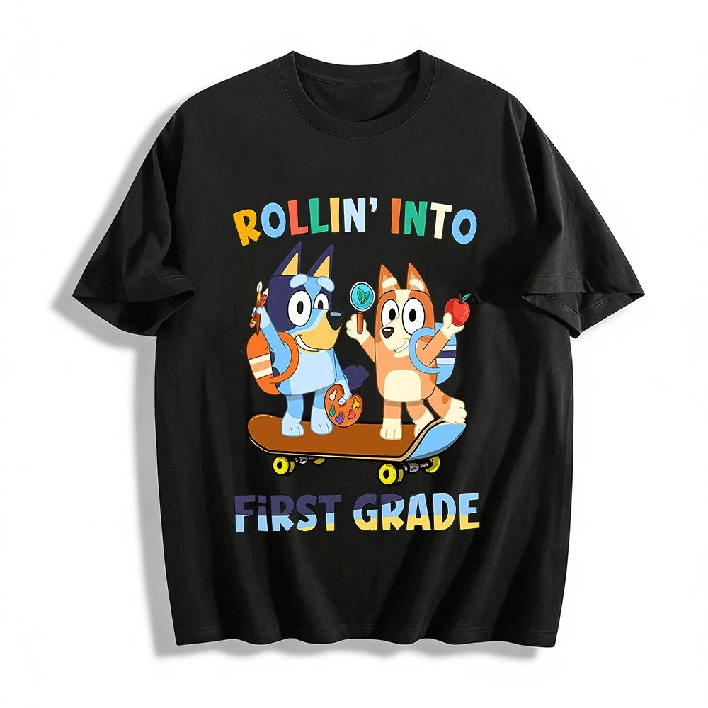 Rollin Into First Grade Bluey Bingo Back To School Kids Shirt Pure cotton T-shirt XXS