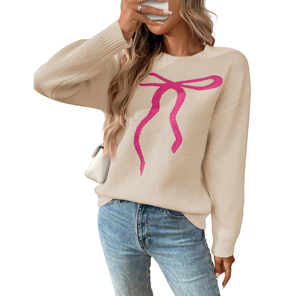 Spring and Autumn Cute Casual Bow Printed Round Neck Women's Sweaters