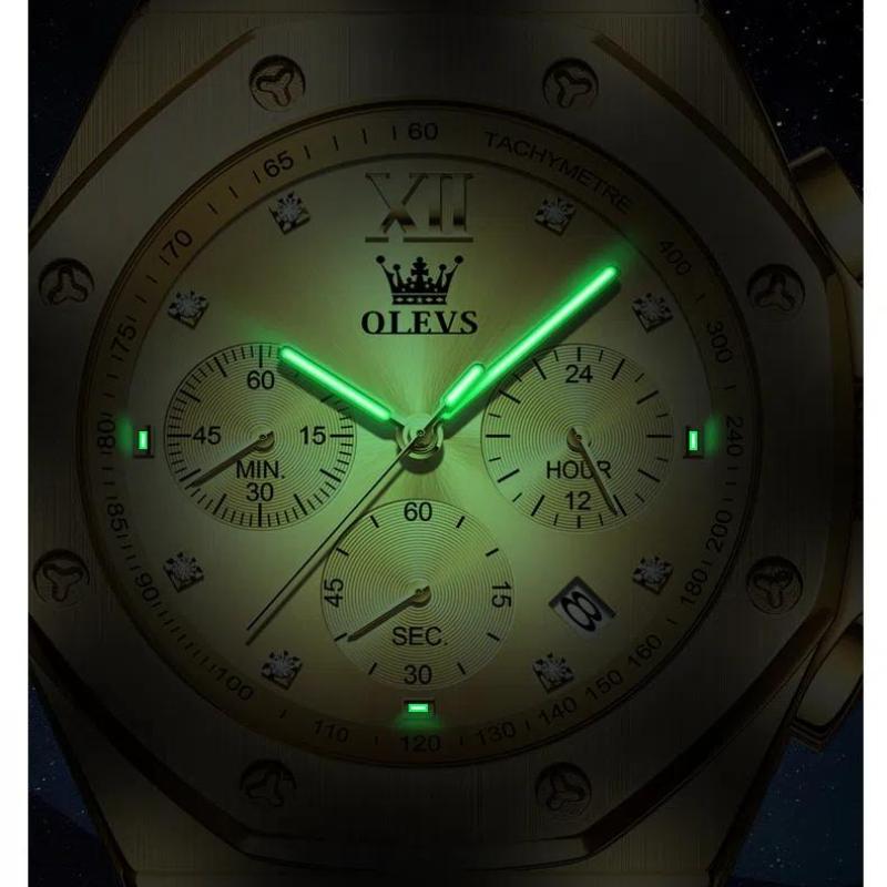 OLEVS Quartz Men Watch Multifunctional Luxury Wristwatch Diamonds Gold Stainless Steel Waterproof Clock