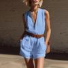 Women's Sleeveless V-Neck Zip Pocket Jumpsuit - Color Casual Loose Romper for Summer, Beach, Travel