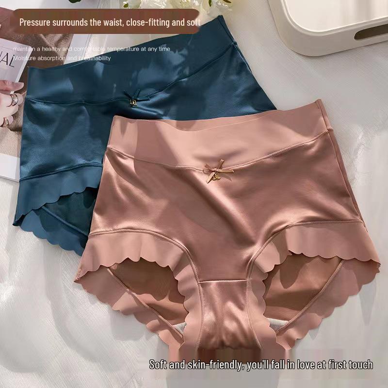 Douyin Trendy Women's High-Waisted Tummy Control Satin Seamless Silk Panties