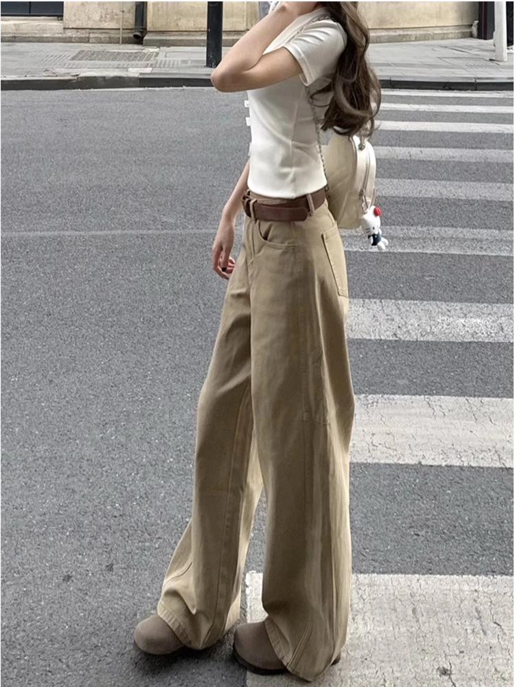 Petite Korean Style High-Waisted Khaki Wide-Leg Jeans for Women - Slimming, Loose, Casual, Straight Long Pants for Summer