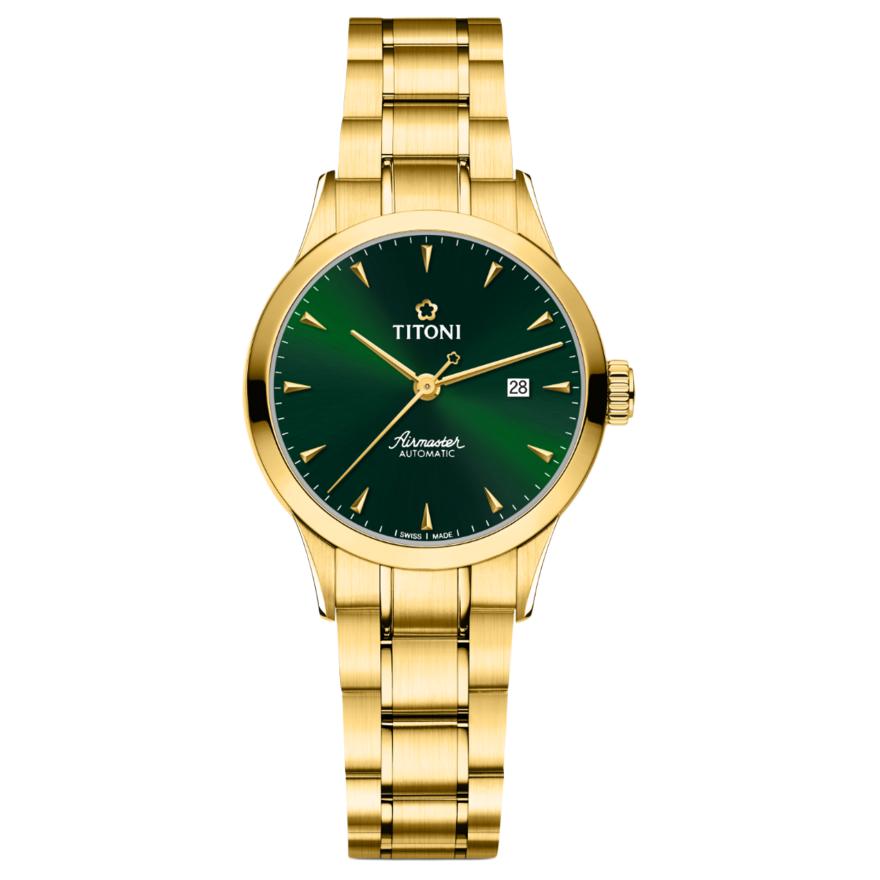 TITONI Plum Blossom Airmaster Series Automatic Mechanical Movement 50 Meters Watch Swiss Watch 29mm Green Dial Stainless Steel Strap 23733 G-673