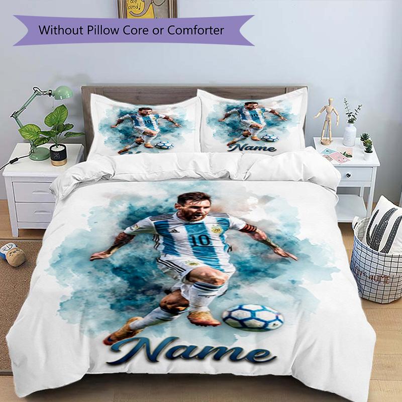 Messi Soccer Player Art Personalized Name Bedding Set,Soft Touch Bed Linen for Kids Bedroom Decor,Perfect Holiday Gift,Machine Washable Duvet Cover wi