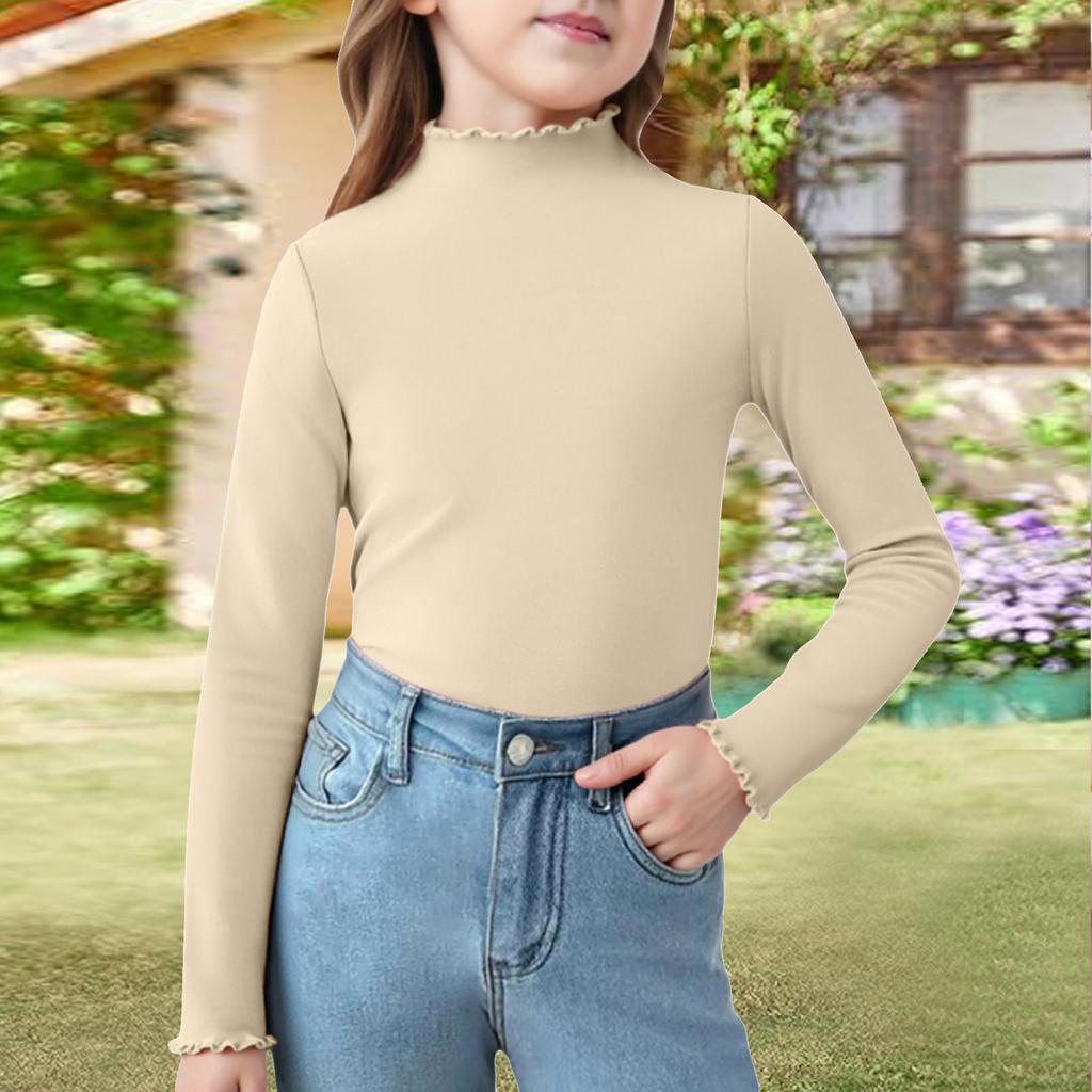 Girls' Ruffle Trim Tee - Color Long Sleeve Blouse
